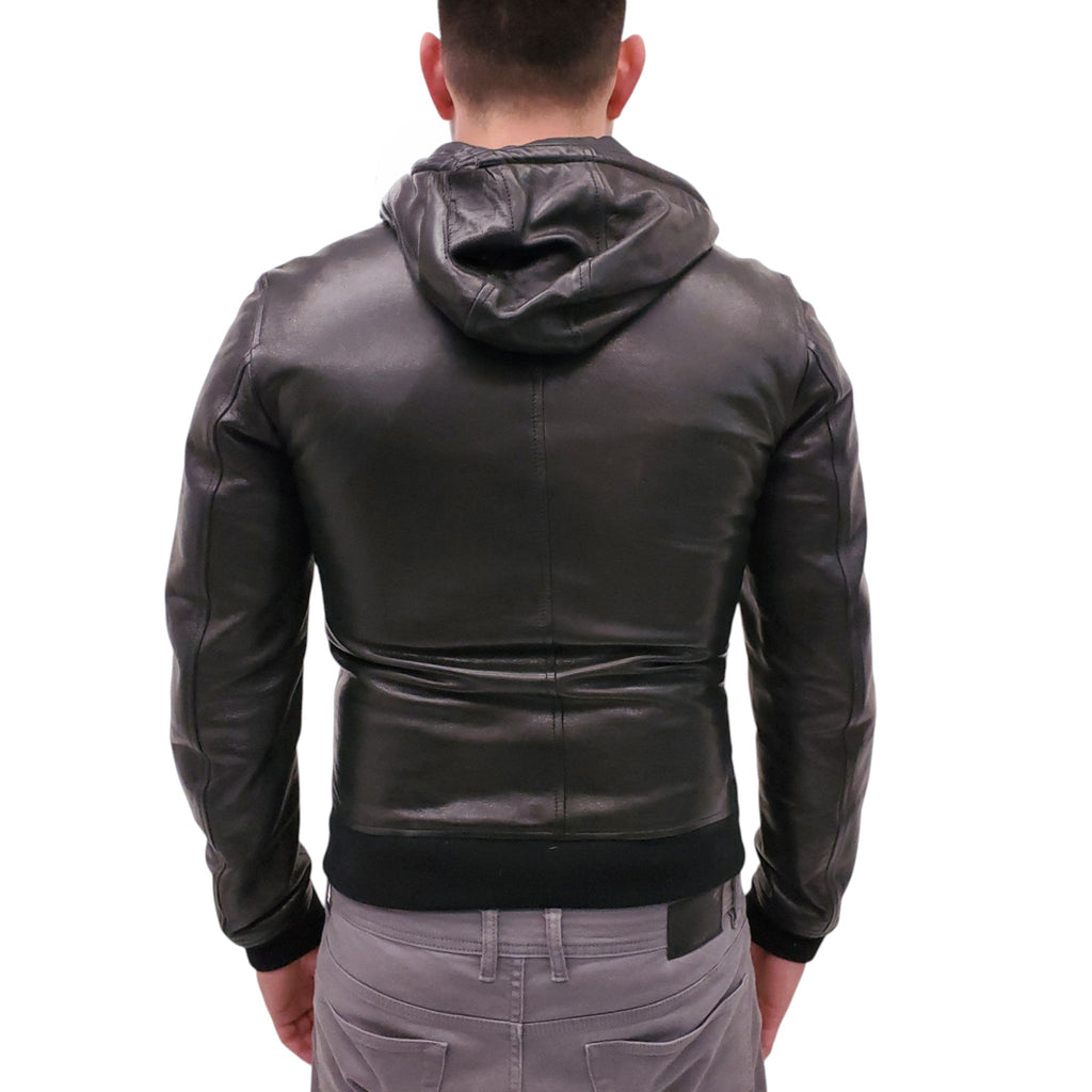 DOLCE & GABBANA BLACK LEATHER HOODED JACKET - MEN'S SIZE 50