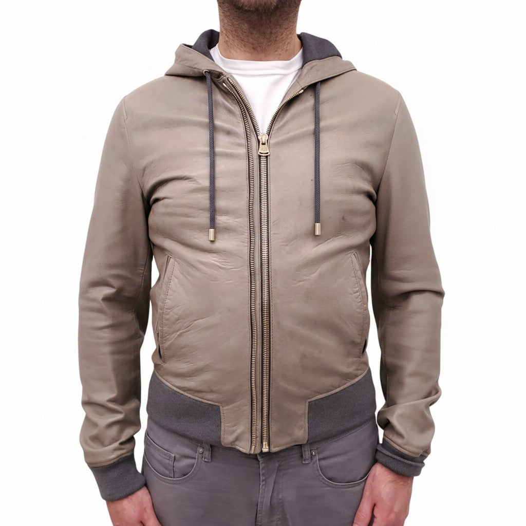 DOLCE & GABBANA KHAKI LEATHER HOODED JACKET - MEN'S SIZE 52