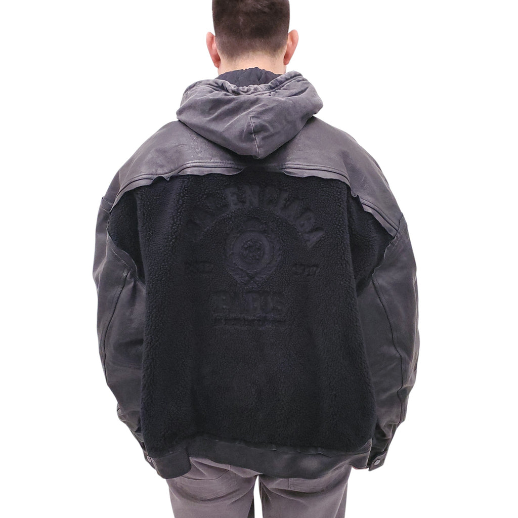 BALENCIAGA BLACK LEATHER & SHEARLING HOODED OVERSIZED JACKET - MEN'S SIZE M