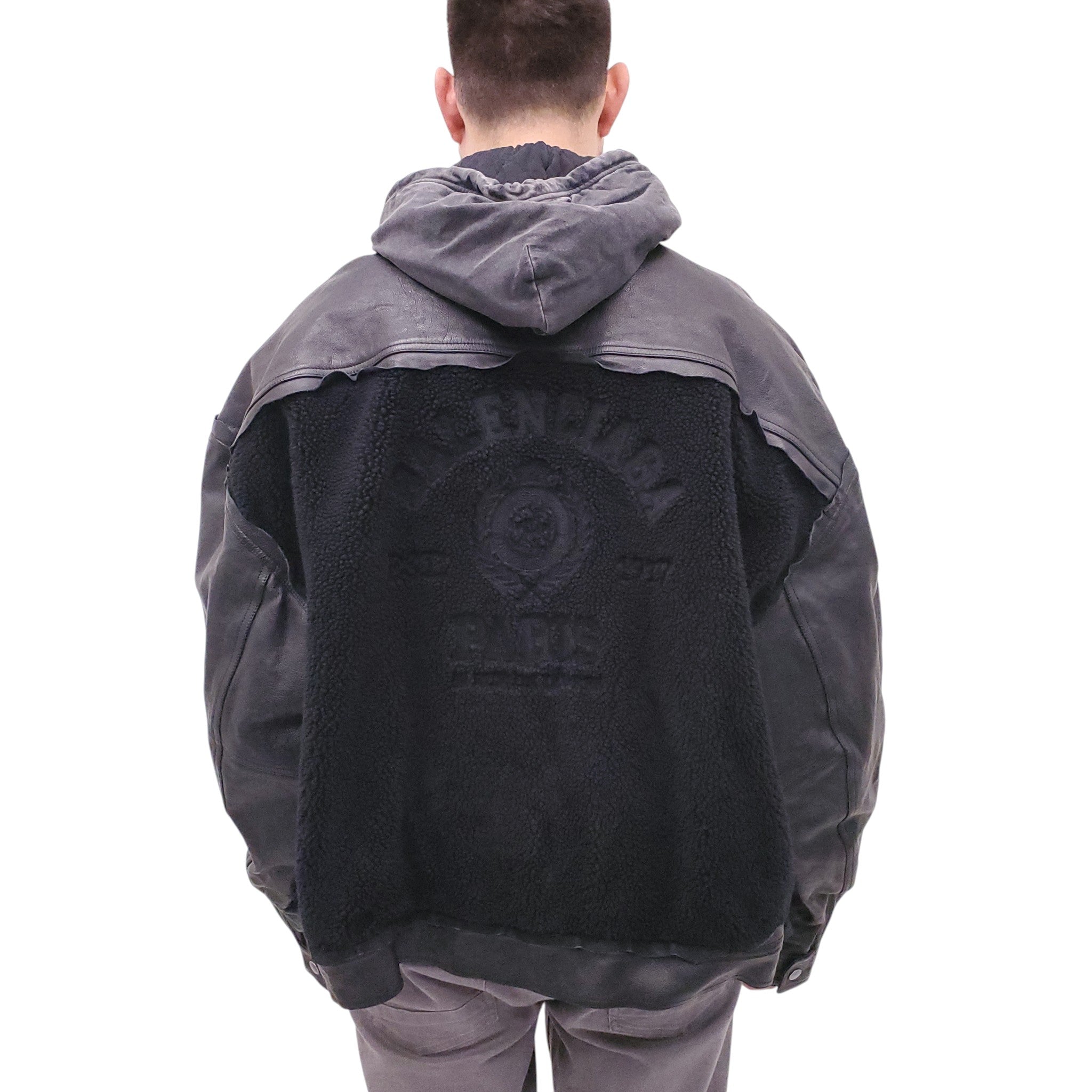BALENCIAGA BLACK LEATHER & SHEARLING HOODED OVERSIZED JACKET - MEN'S SIZE M