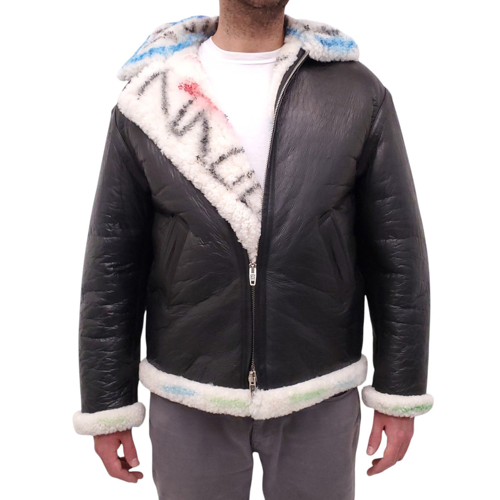BALENCIAGA LEATHER AND MULTICOLOUR SHEARLING LOGO JACKET - MEN'S SIZE 48