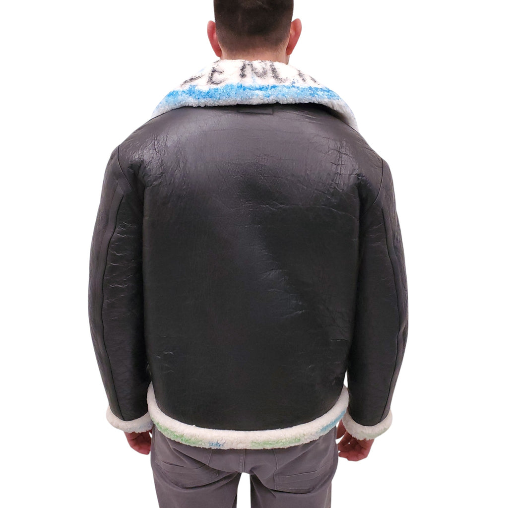 BALENCIAGA LEATHER AND MULTICOLOUR SHEARLING LOGO JACKET - MEN'S SIZE 48