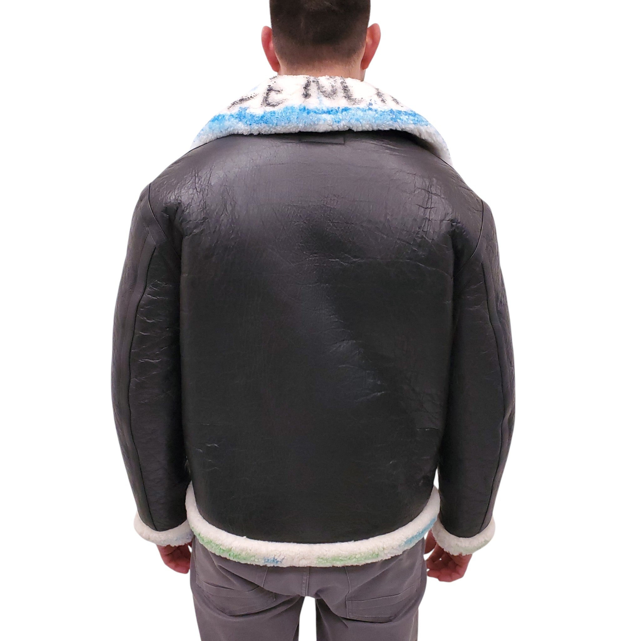 BALENCIAGA LEATHER AND MULTICOLOUR SHEARLING LOGO JACKET - MEN'S SIZE 48