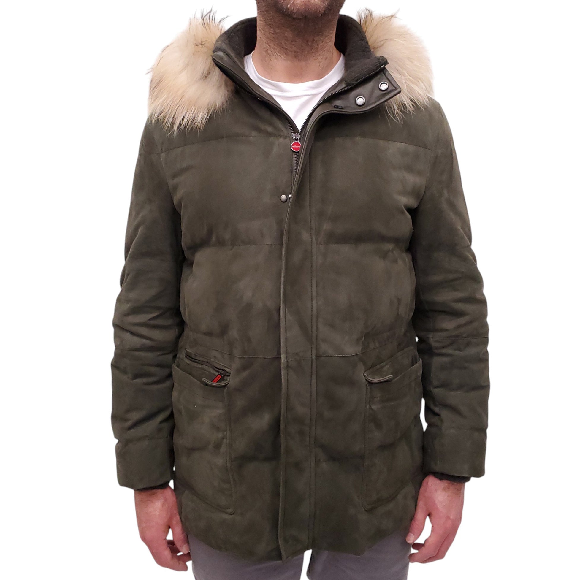 KITON OLIVE GREEN SUEDE AND CASHMERE JACKET WITH FUR HOOD - MEN'S SIZE 52