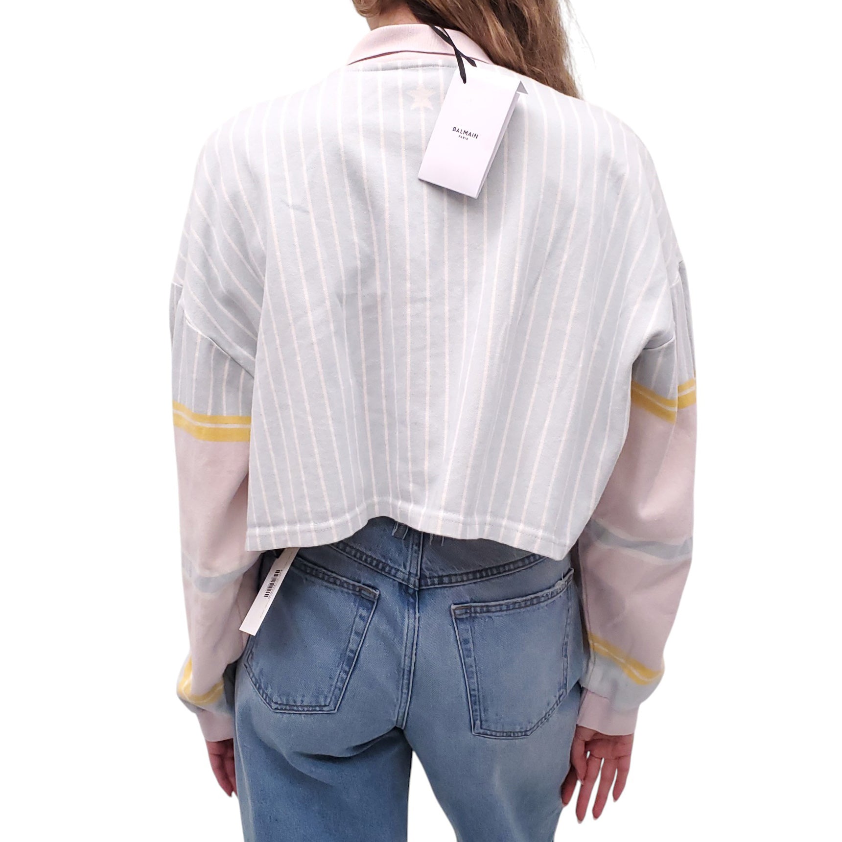 BALMAIN BABY BLUE PINSTRIPE POLO SHIRT WITH LOGO - SIZE 42