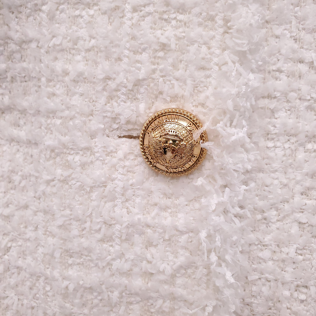BALMAIN WHITE TWEED DRESS WITH GOLD BUTTONS - SIZE 42
