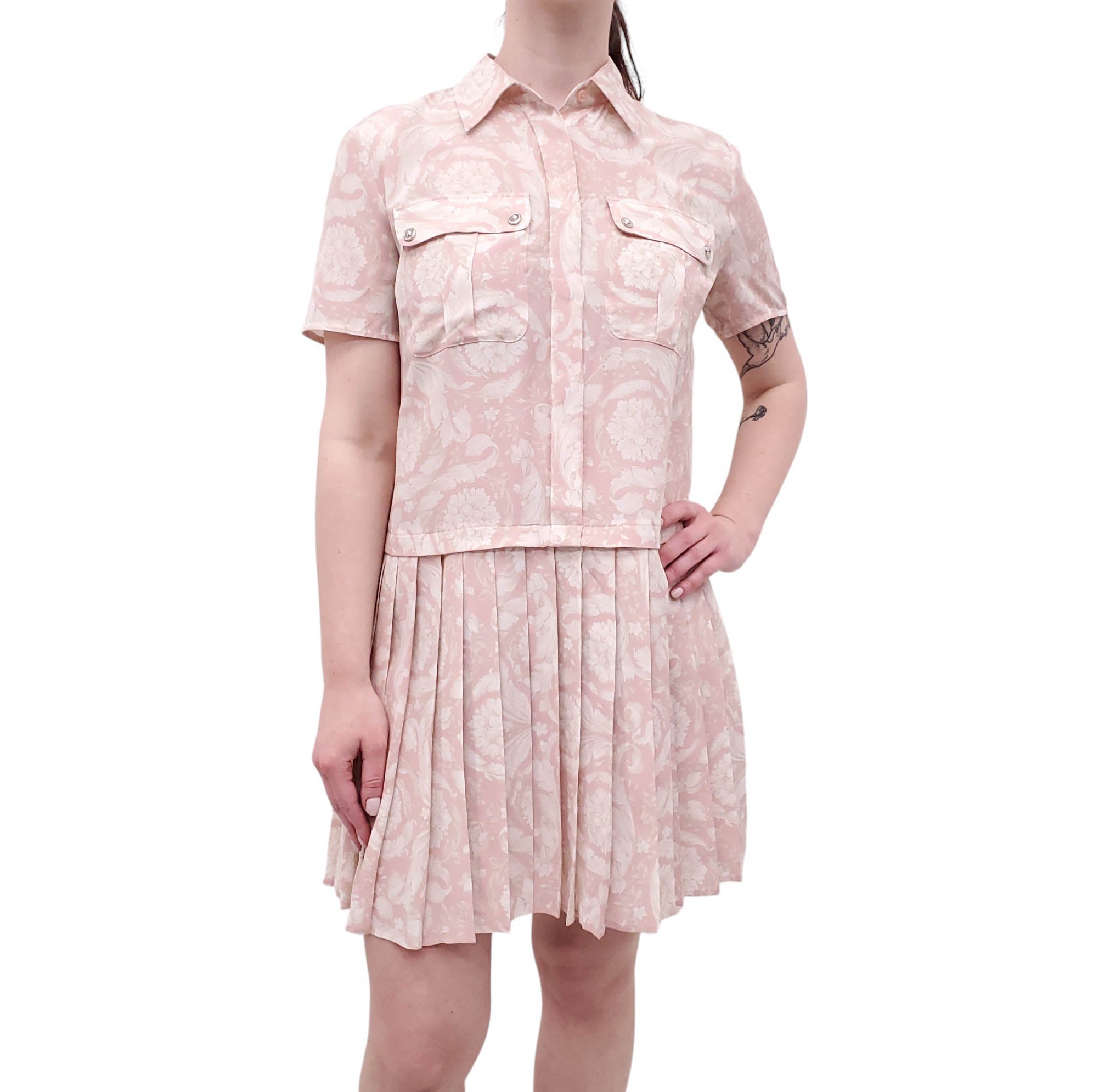 VERSACE PINK BAROCCO PATTERNED SILK CREPE MINI DRESS - SIZE 40