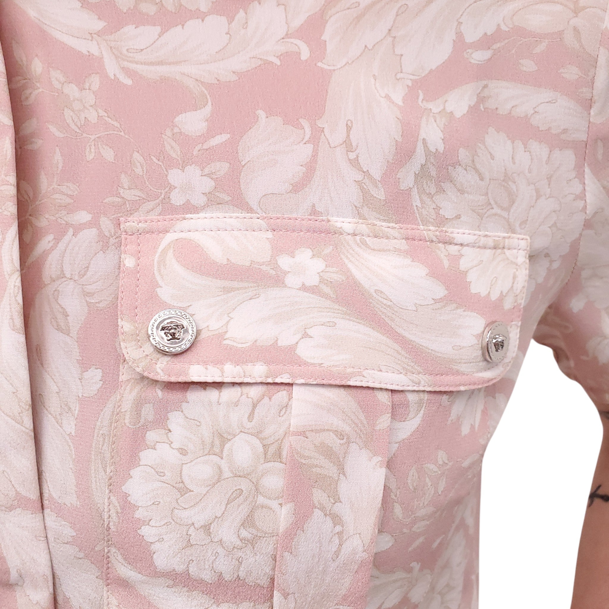 VERSACE PINK BAROCCO PATTERNED SILK CREPE MINI DRESS - SIZE 40