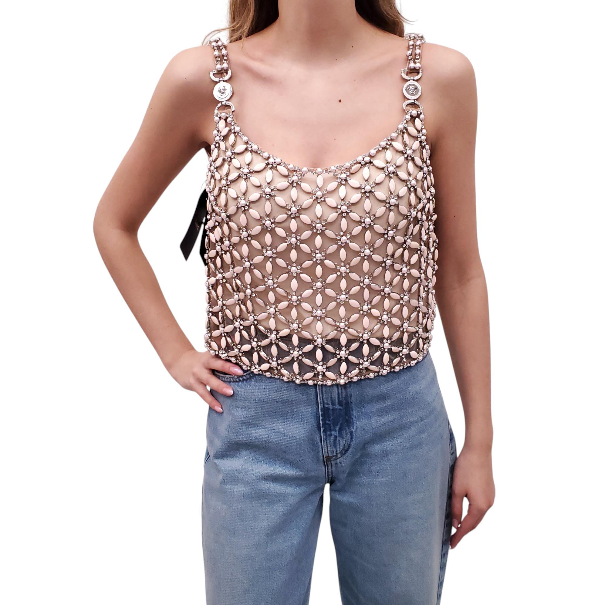VERSACE RUNWAY CRYSTAL AND PEARL EMBELLISHED FLORAL MESH TOP - SIZE 42