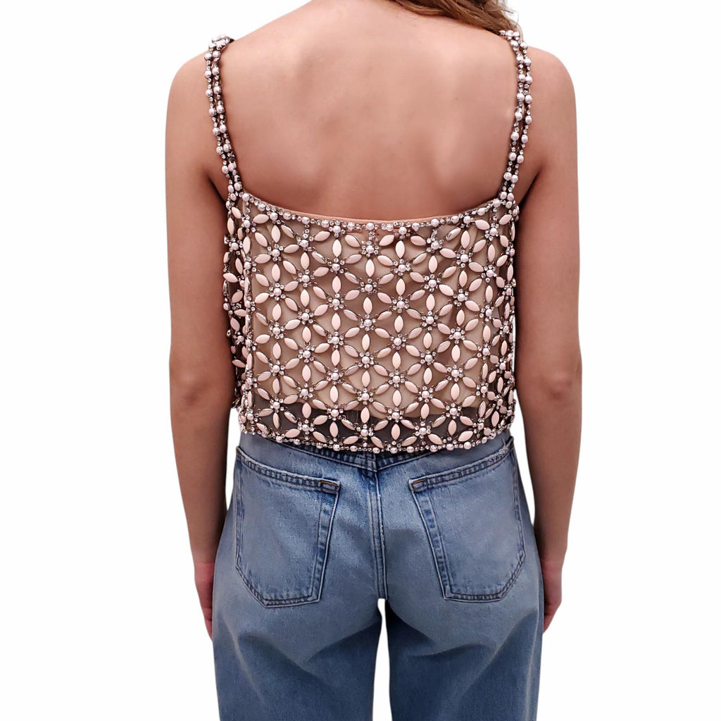 VERSACE RUNWAY CRYSTAL AND PEARL EMBELLISHED FLORAL MESH TOP - SIZE 42