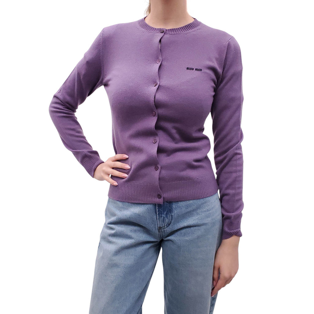 MIU MIU PURPLE CASHMERE CARDIGAN WITH LOGO - SIZE 38