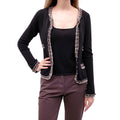 CHANEL BLACK CASHMERE LOGO CARDIGAN SET WITH FRINGE DETAIL - SIZE 40
