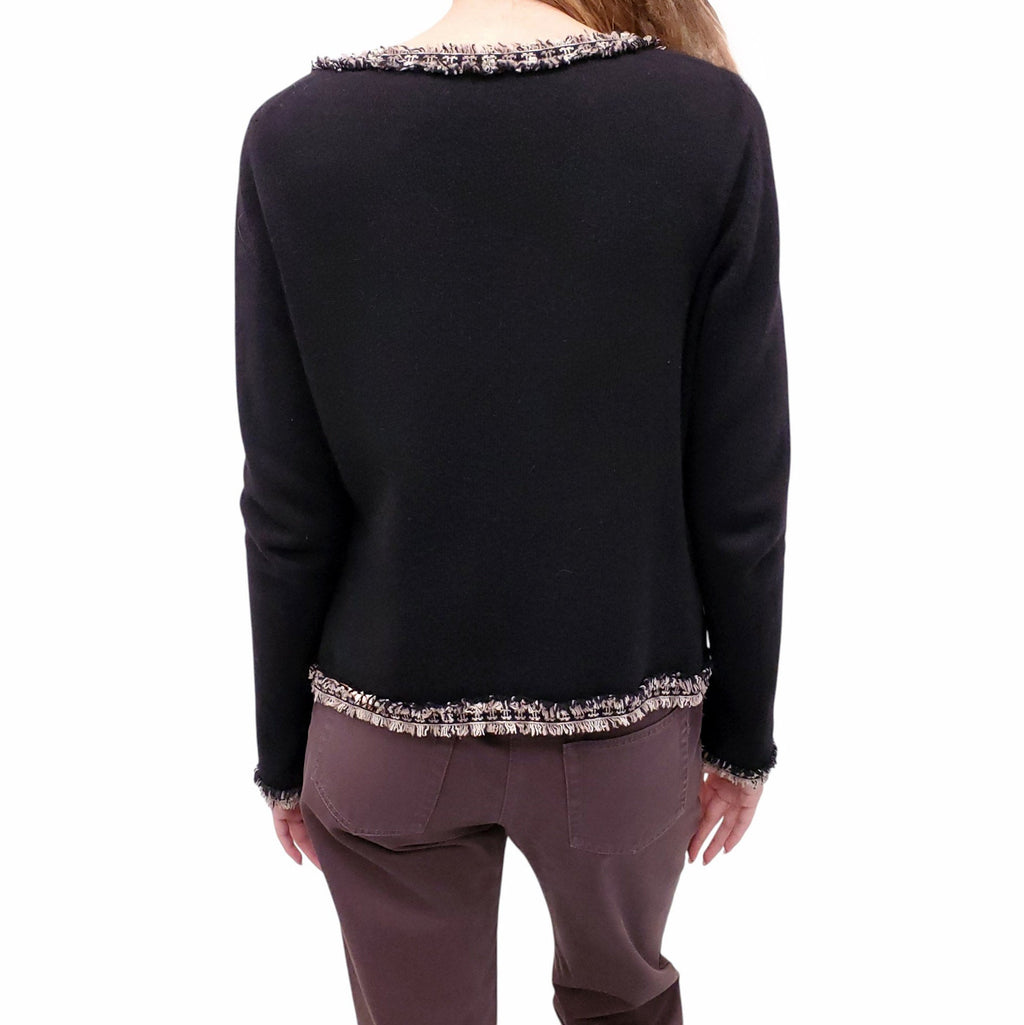 CHANEL BLACK CASHMERE LOGO CARDIGAN SET WITH FRINGE DETAIL - SIZE 40