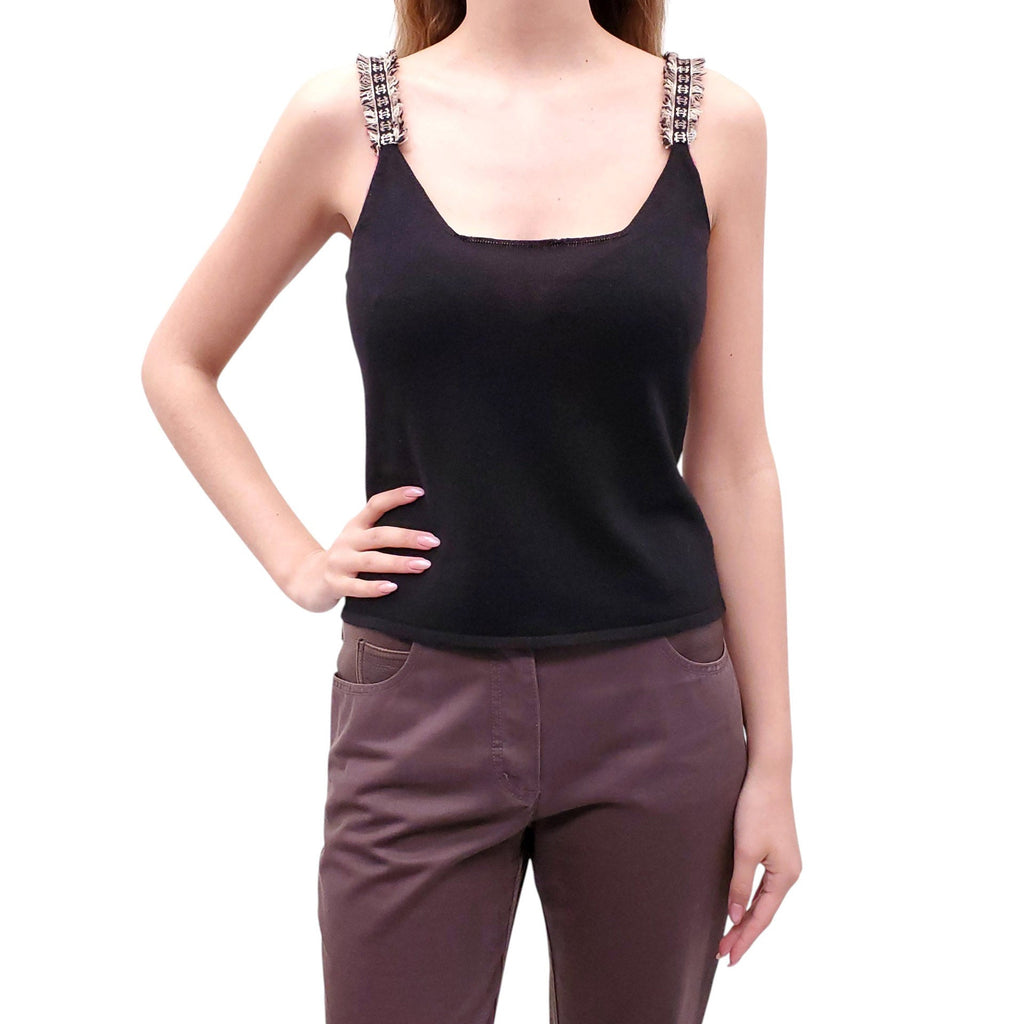 CHANEL BLACK CASHMERE LOGO CARDIGAN SET WITH FRINGE DETAIL - SIZE 40