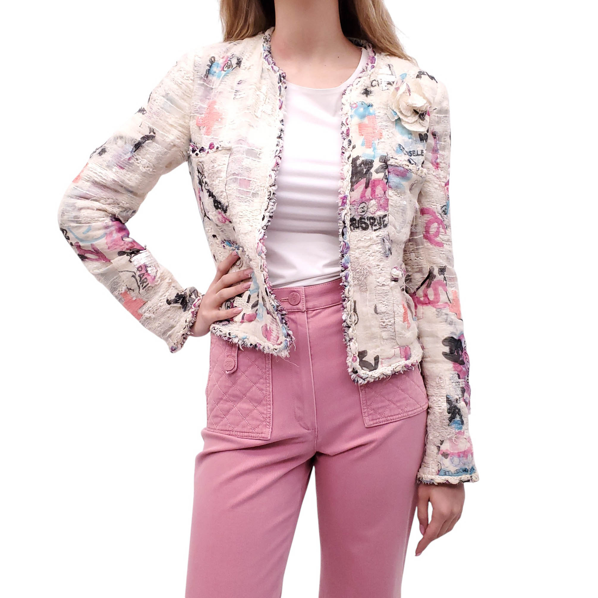 CHANEL CRUISE 2007 LESAGE GRAFFITI JACKET WITH REMOVABLE CAMÉLIA BROOCH - SIZE 38