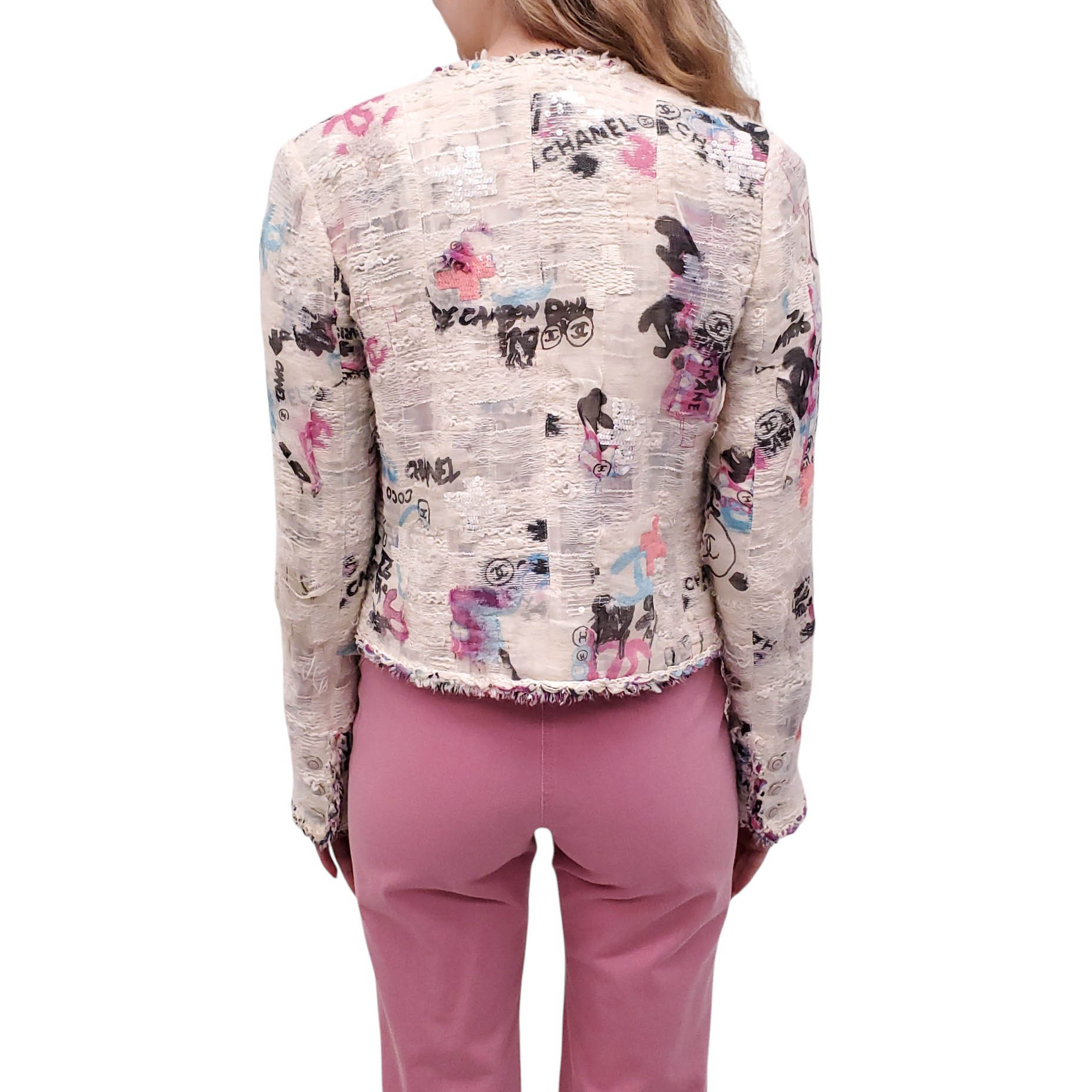 CHANEL CRUISE 2007 LESAGE GRAFFITI JACKET WITH REMOVABLE CAMÉLIA BROOCH - SIZE 38