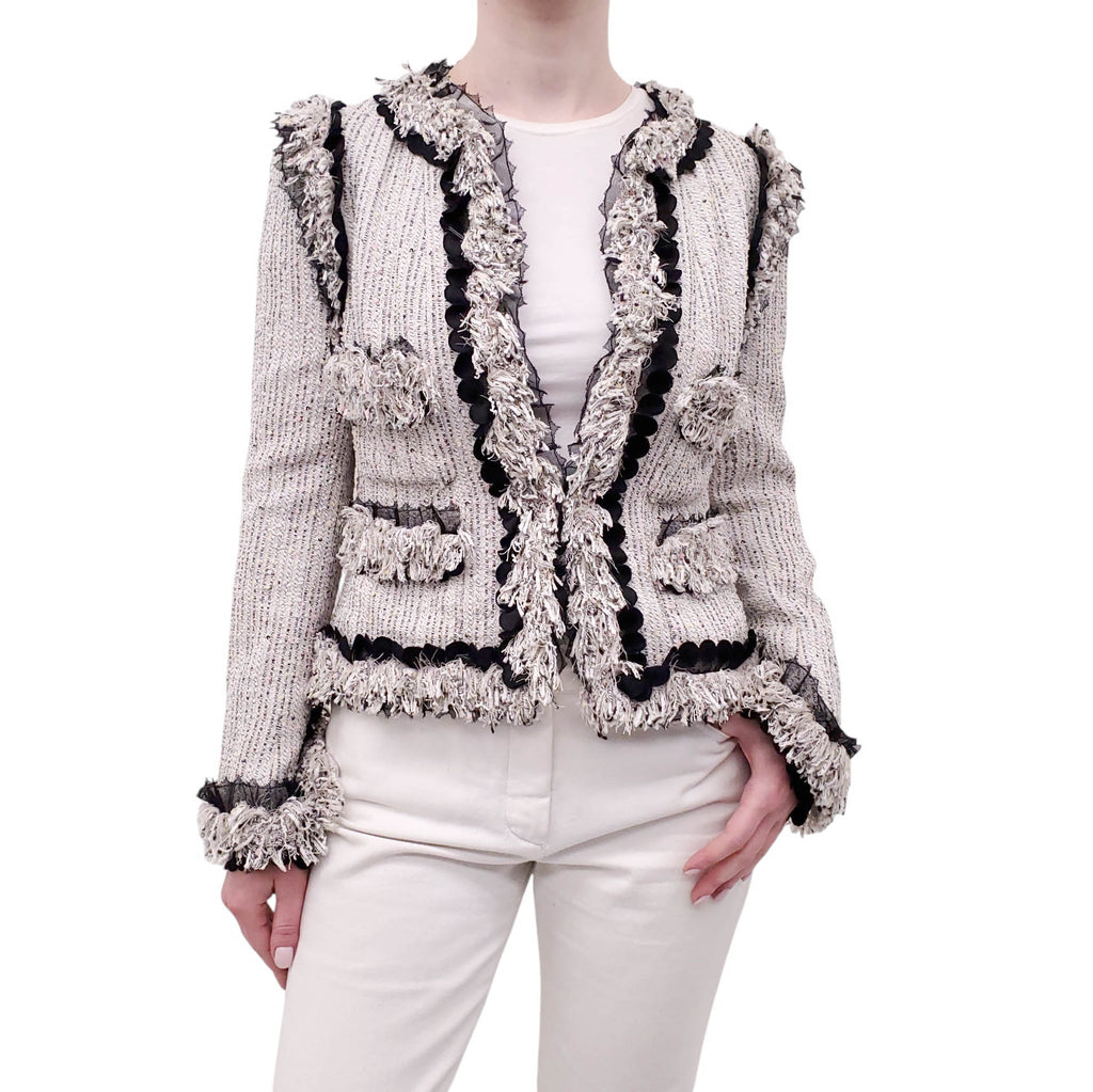 CHANEL 2004 GREY MULTI-COLOUR TWEED JACKET WITH FRINGE AND MESH DETAIL - SIZE 40