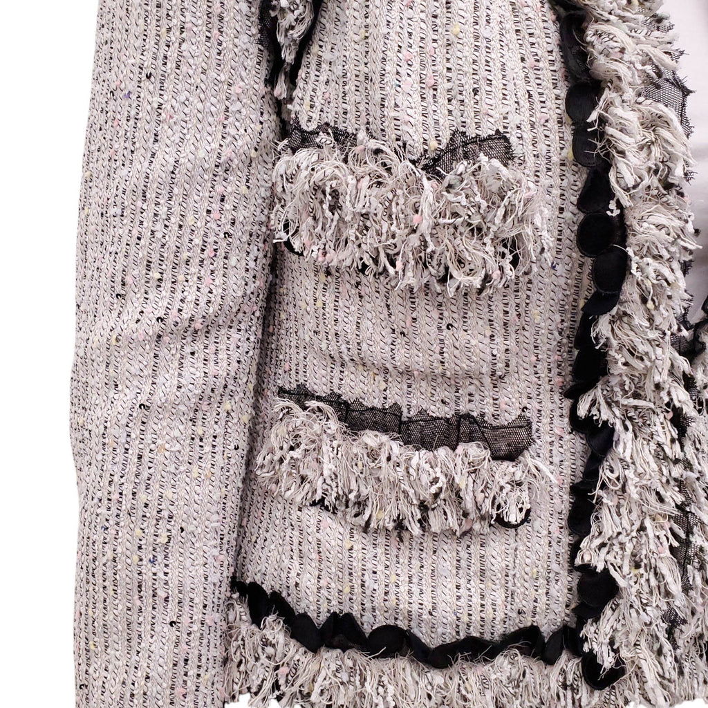 CHANEL 2004 GREY MULTI-COLOUR TWEED JACKET WITH FRINGE AND MESH DETAIL - SIZE 40