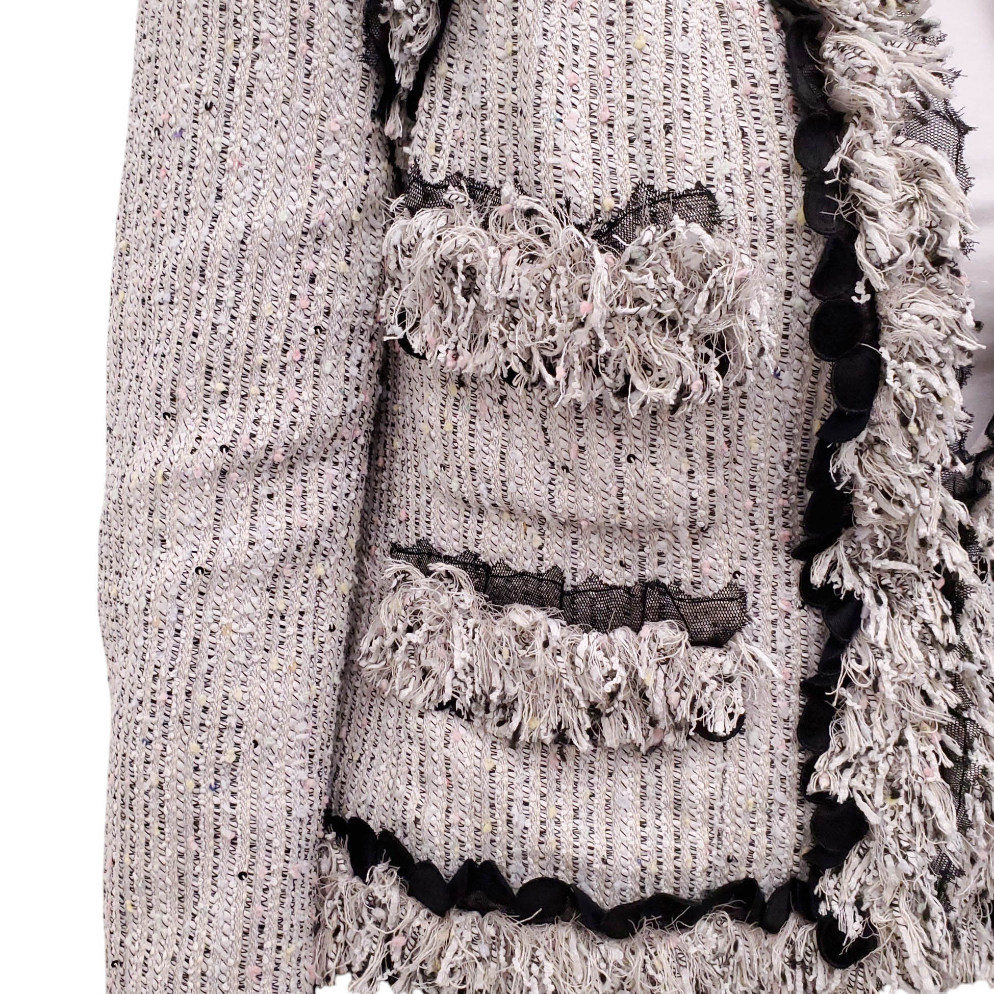 CHANEL 2004 GREY MULTI-COLOUR TWEED JACKET WITH FRINGE AND MESH DETAIL - SIZE 40