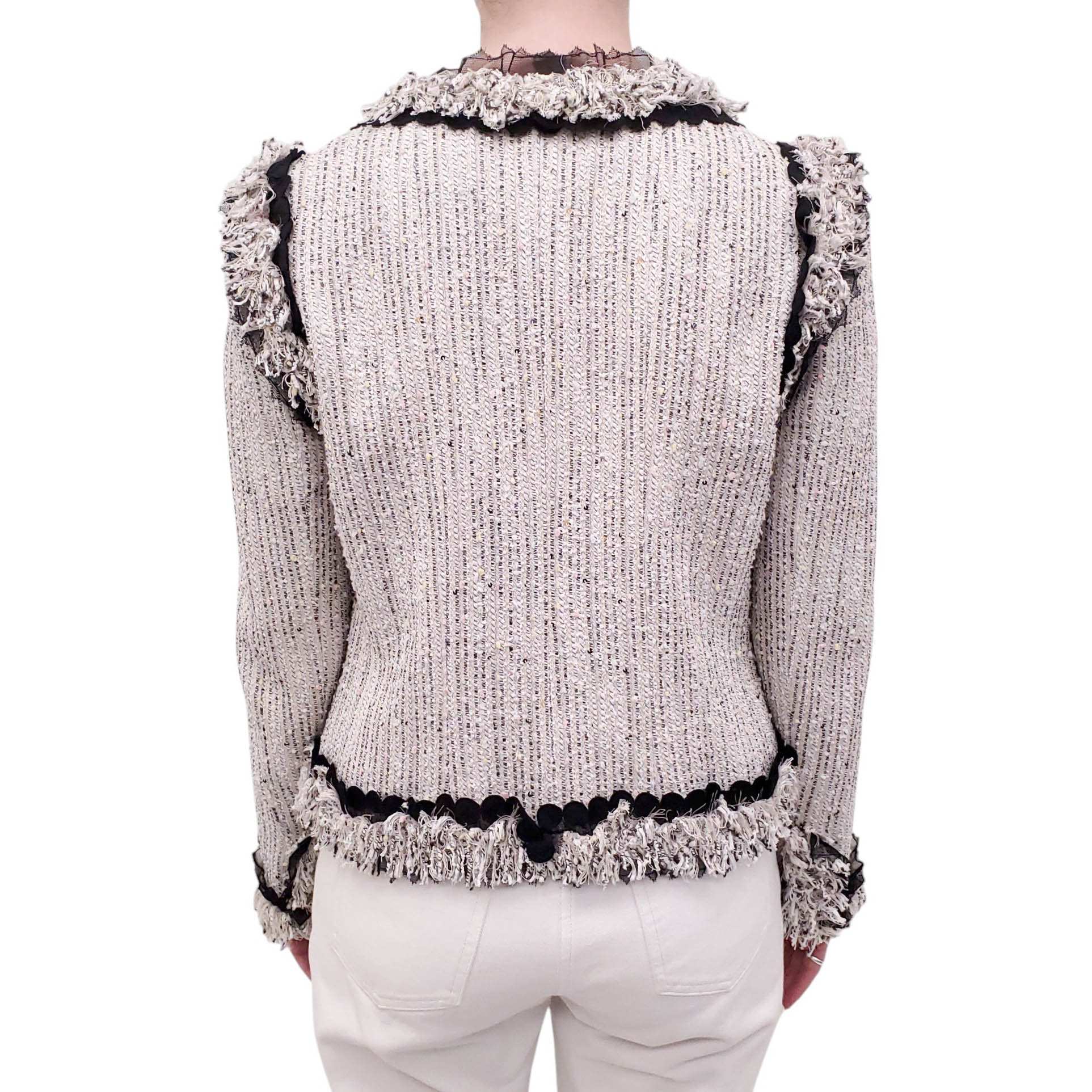 CHANEL 2004 GREY MULTI-COLOUR TWEED JACKET WITH FRINGE AND MESH DETAIL - SIZE 40