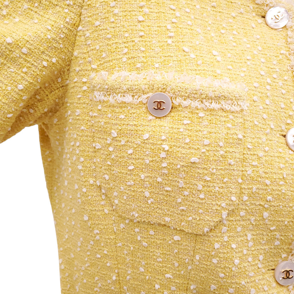 CHANEL 1994 YELLOW BOUCLÉ JACKET WITH LOGO BUTTONS - SIZE 40