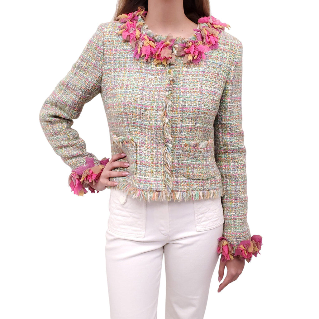 CHANEL GREEN AND PINK TWEED JACKET WITH SILK FLORAL TRIM - SIZE 38