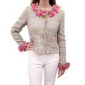 CHANEL GREEN AND PINK TWEED JACKET WITH SILK FLORAL TRIM - SIZE 38