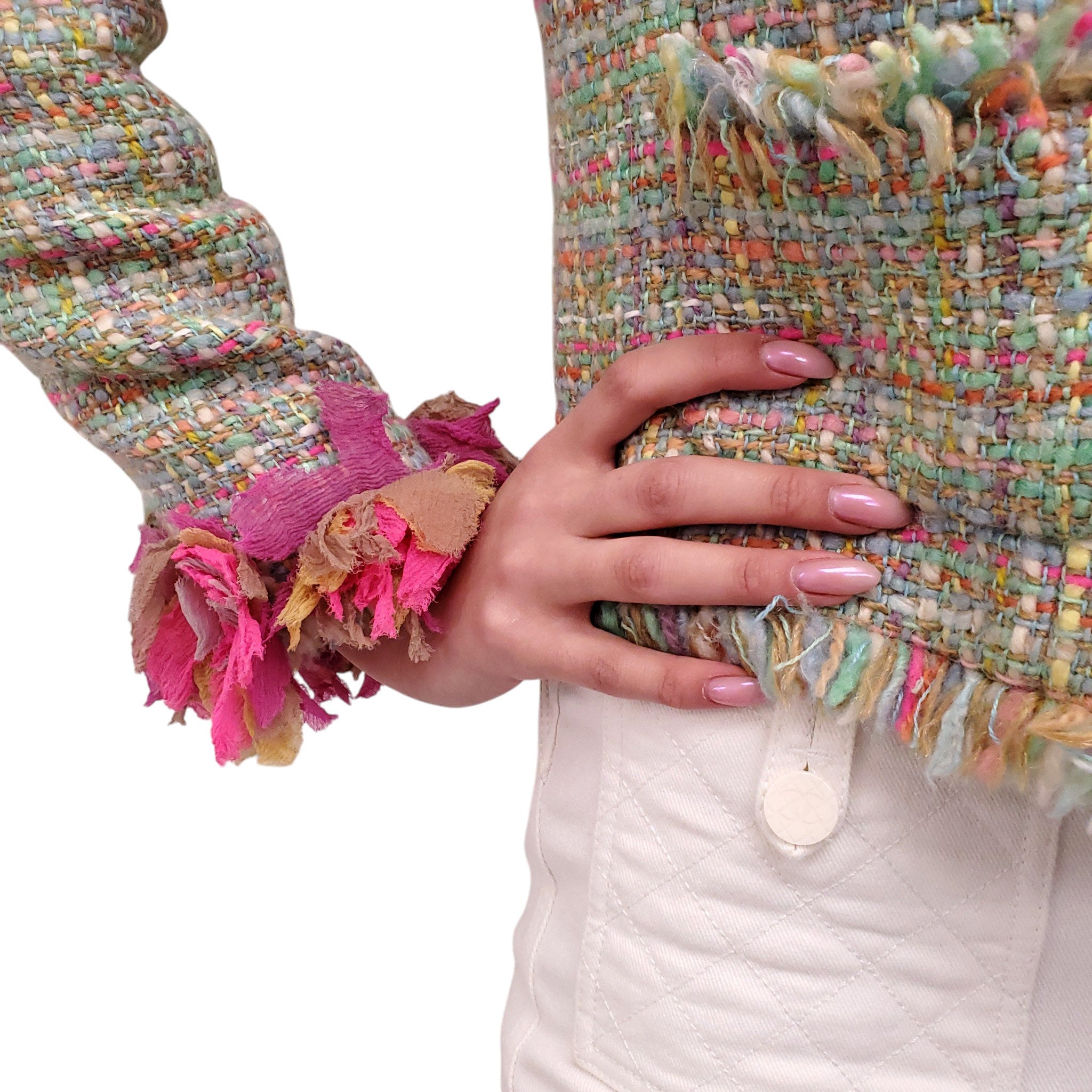 CHANEL GREEN AND PINK TWEED JACKET WITH SILK FLORAL TRIM - SIZE 38