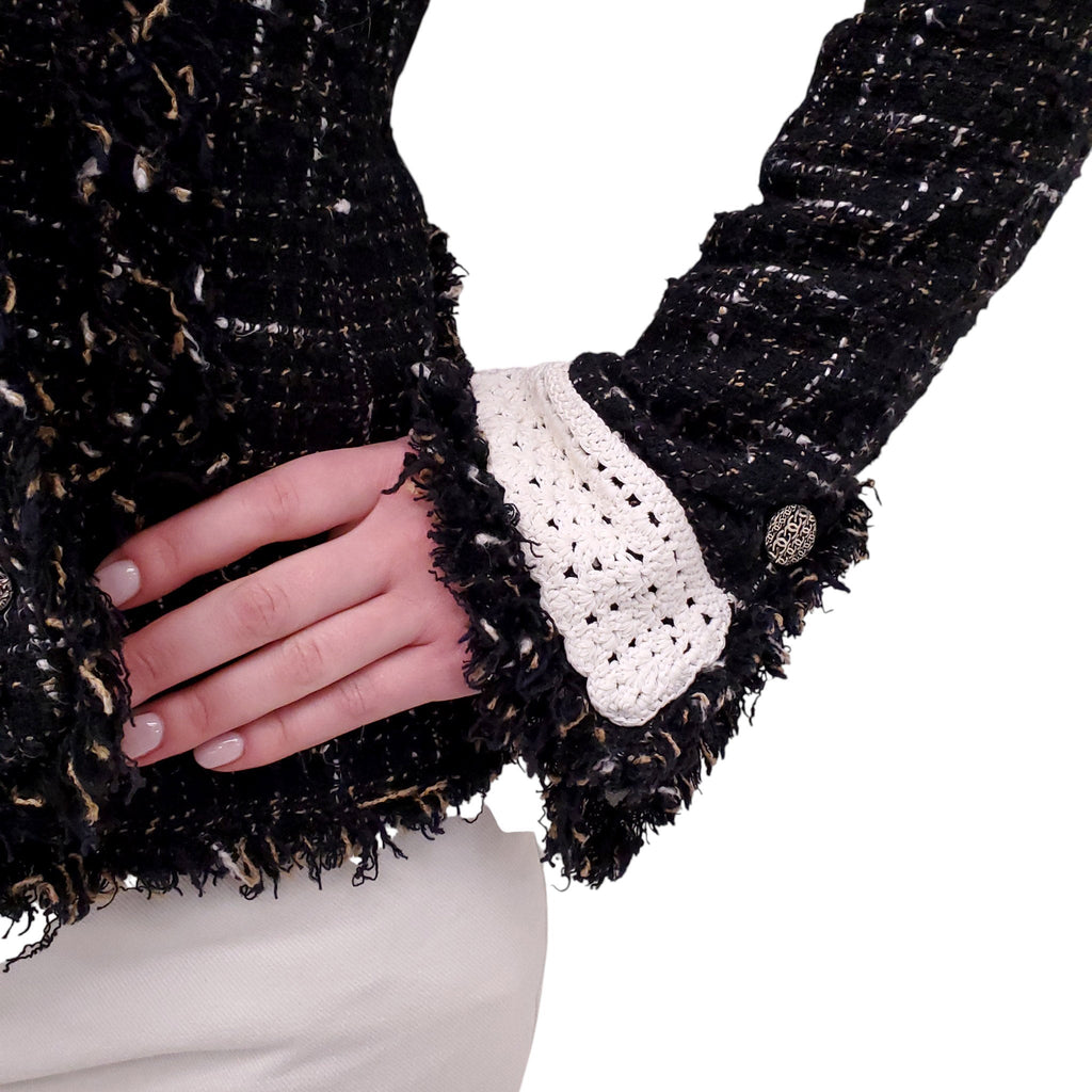 CHANEL 2004 BLACK, TAN AND WHITE TWEED JACKET WITH CROCHET AND FRINGE DETAIL - SIZE 36