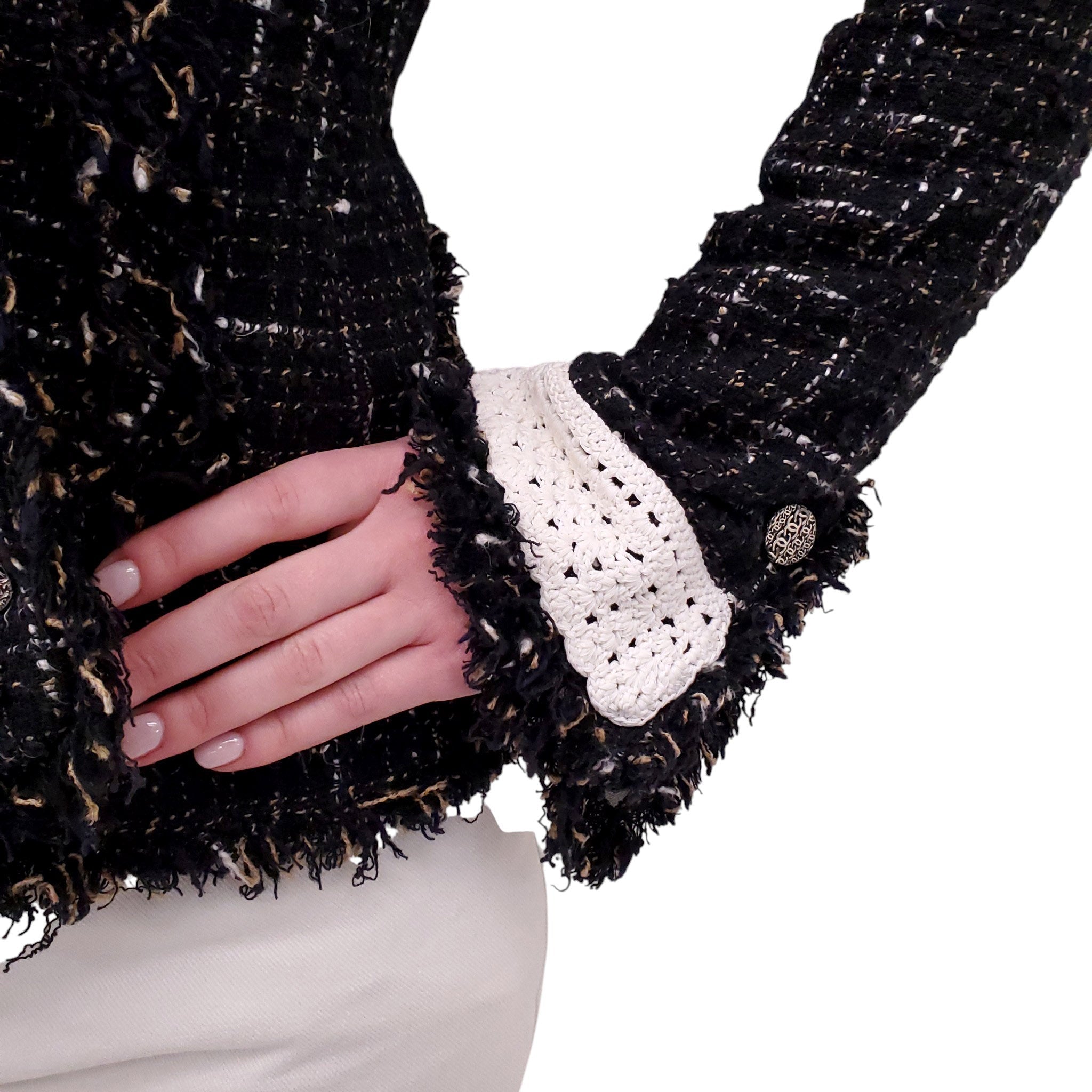 CHANEL 2004 BLACK, TAN AND WHITE TWEED JACKET WITH CROCHET AND FRINGE DETAIL - SIZE 36