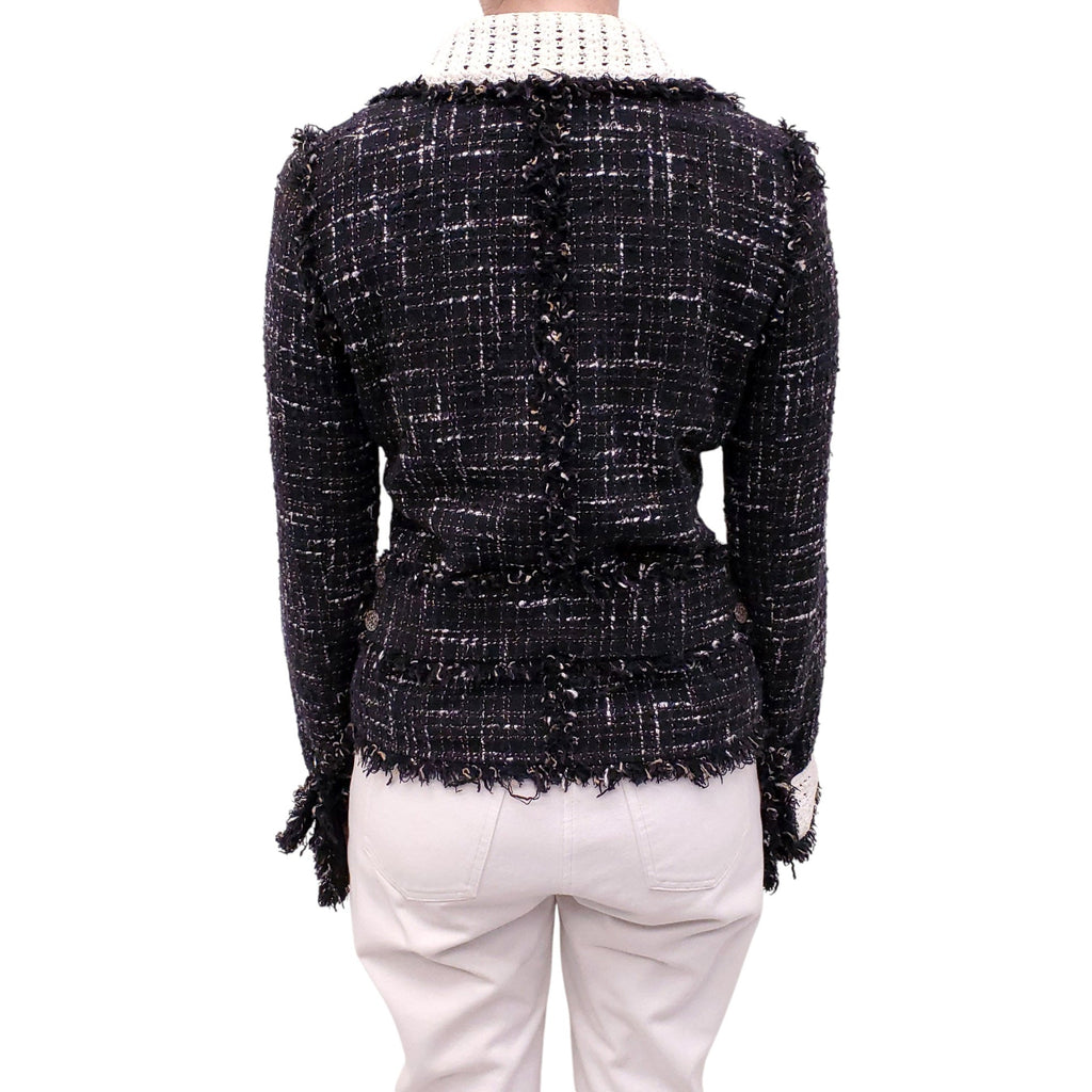 CHANEL 2004 BLACK, TAN AND WHITE TWEED JACKET WITH CROCHET AND FRINGE DETAIL - SIZE 36