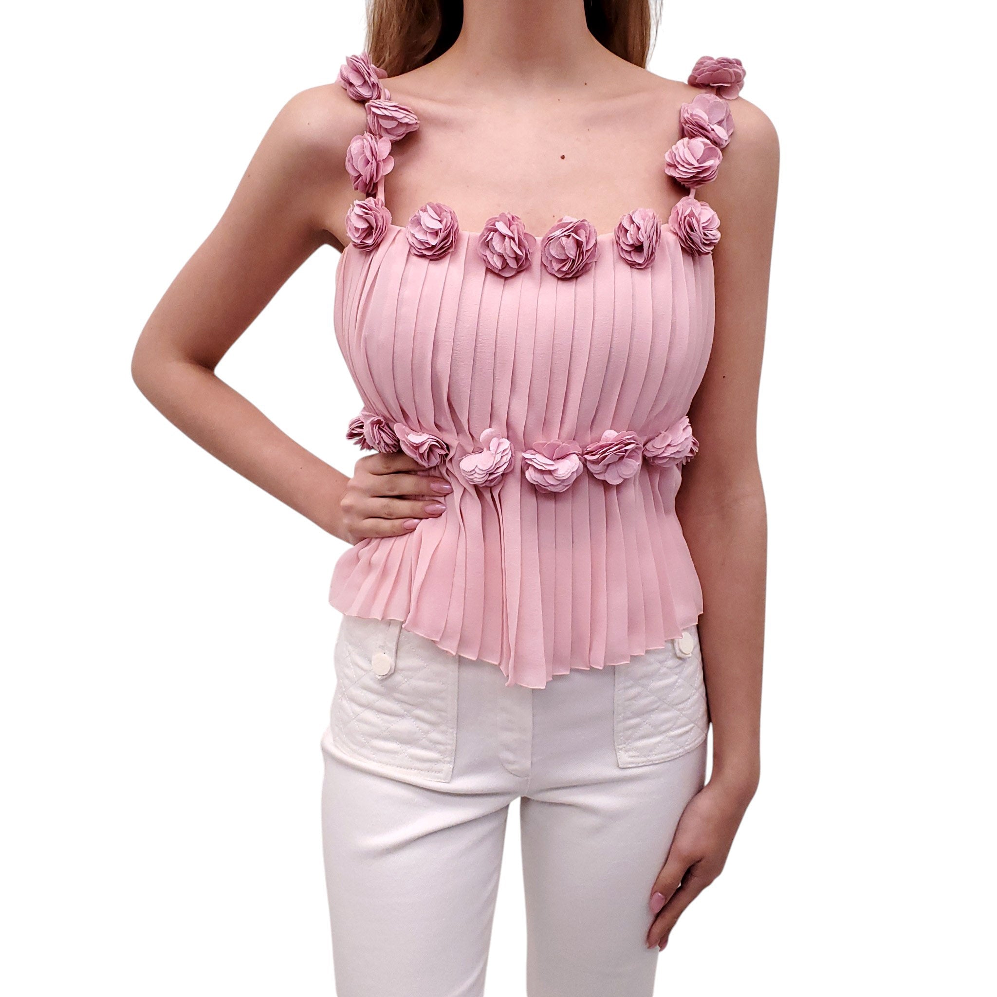 CHANEL S/S 2002 PINK TANK TOP WITH ROSETTE DETAILS - SIZE 40