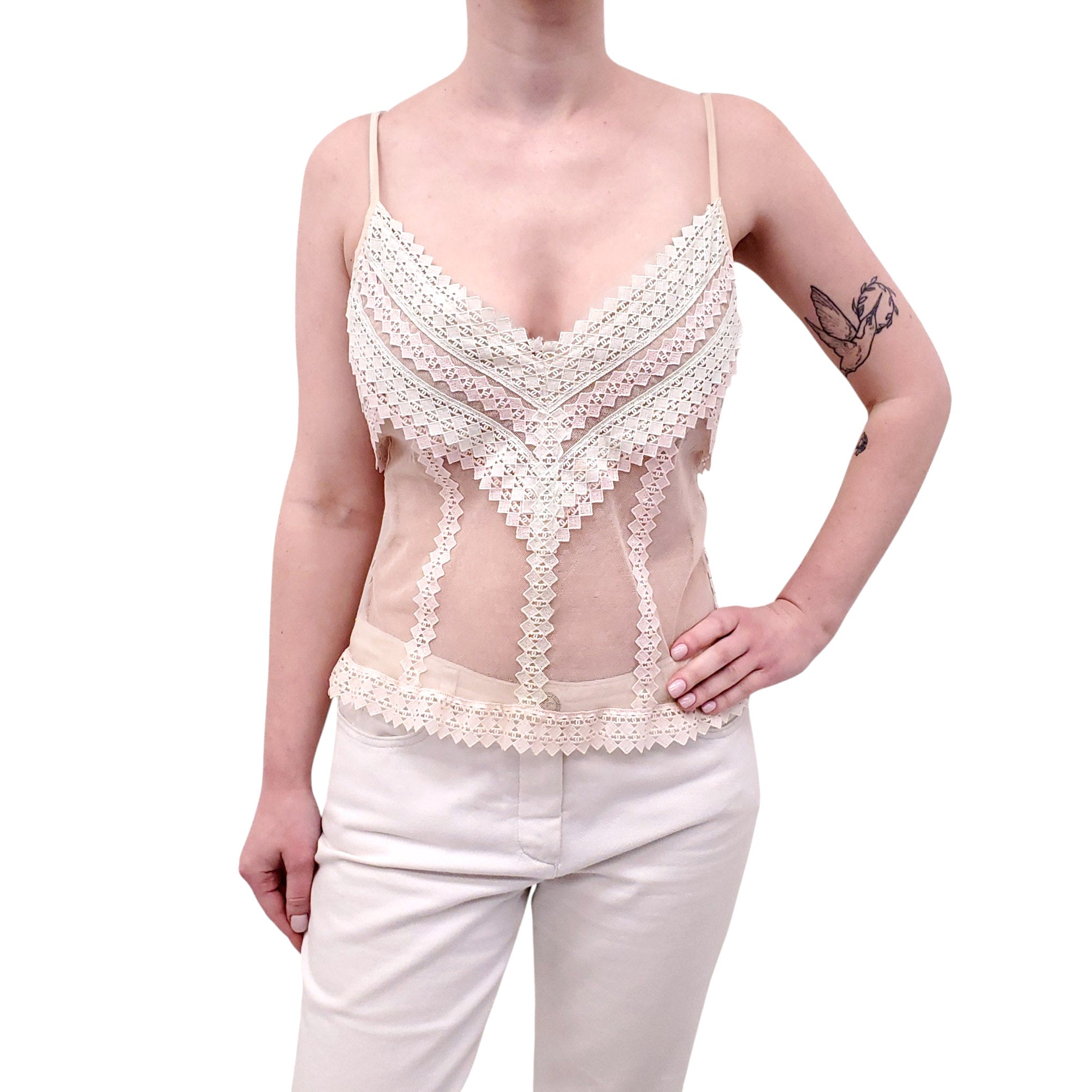 CHANEL 2004 PASTEL MESH LOGO EMBROIDERED LACE CAMISOLE - SIZE 42