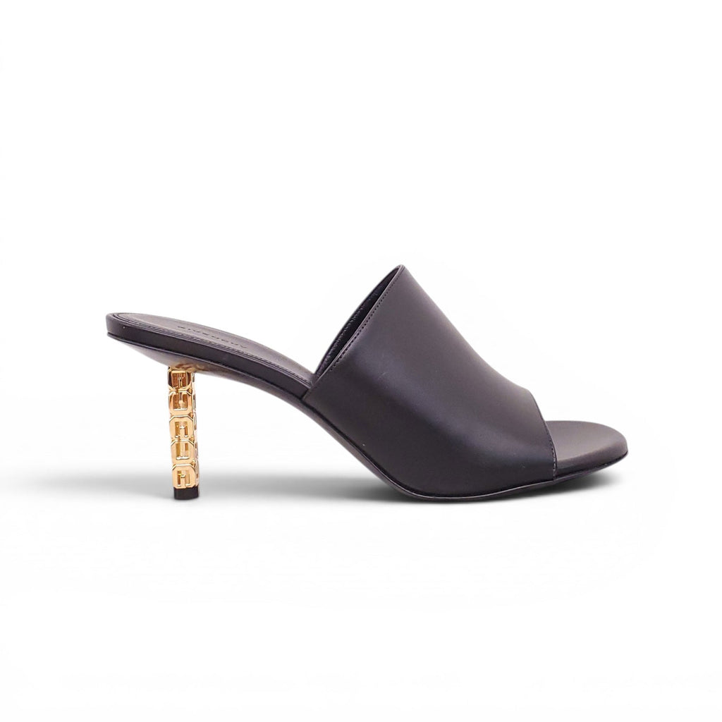 GIVENCHY BLACK MULES WITH GOLD LOGO HEELS - SIZE 37