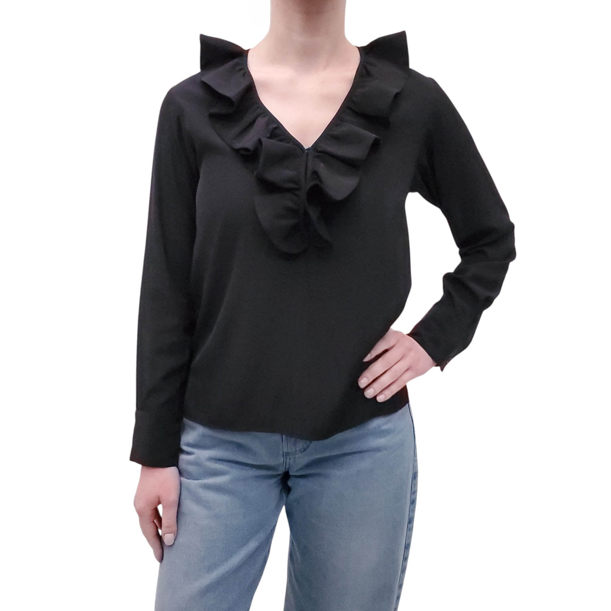 SMYTHE BLACK BLOUSE WITH RUFFLE DETAIL - SIZE XS