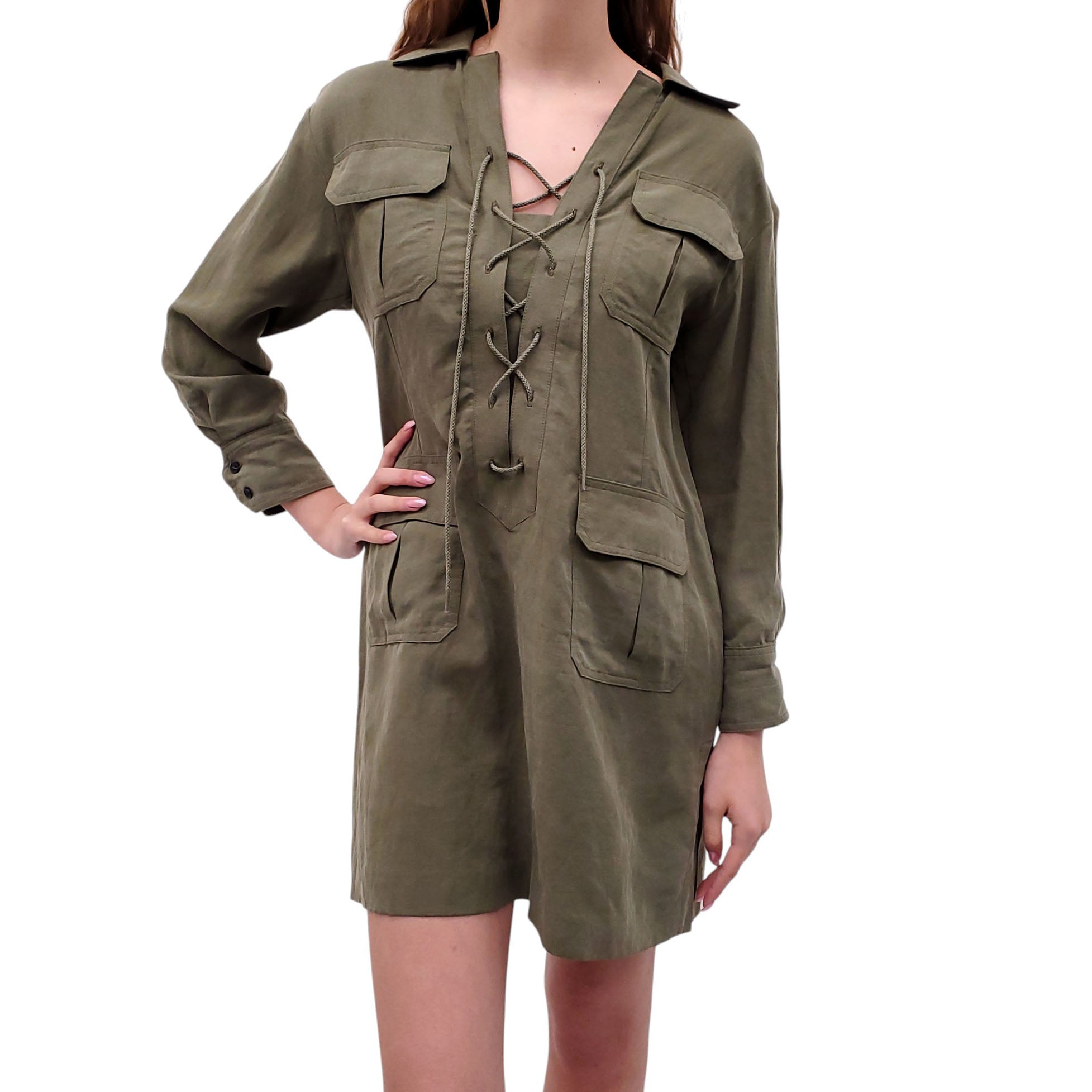 SMYTHE OLIVE GREEN CARGO DRESS WITH TIE UP DETAIL - SIZE XS