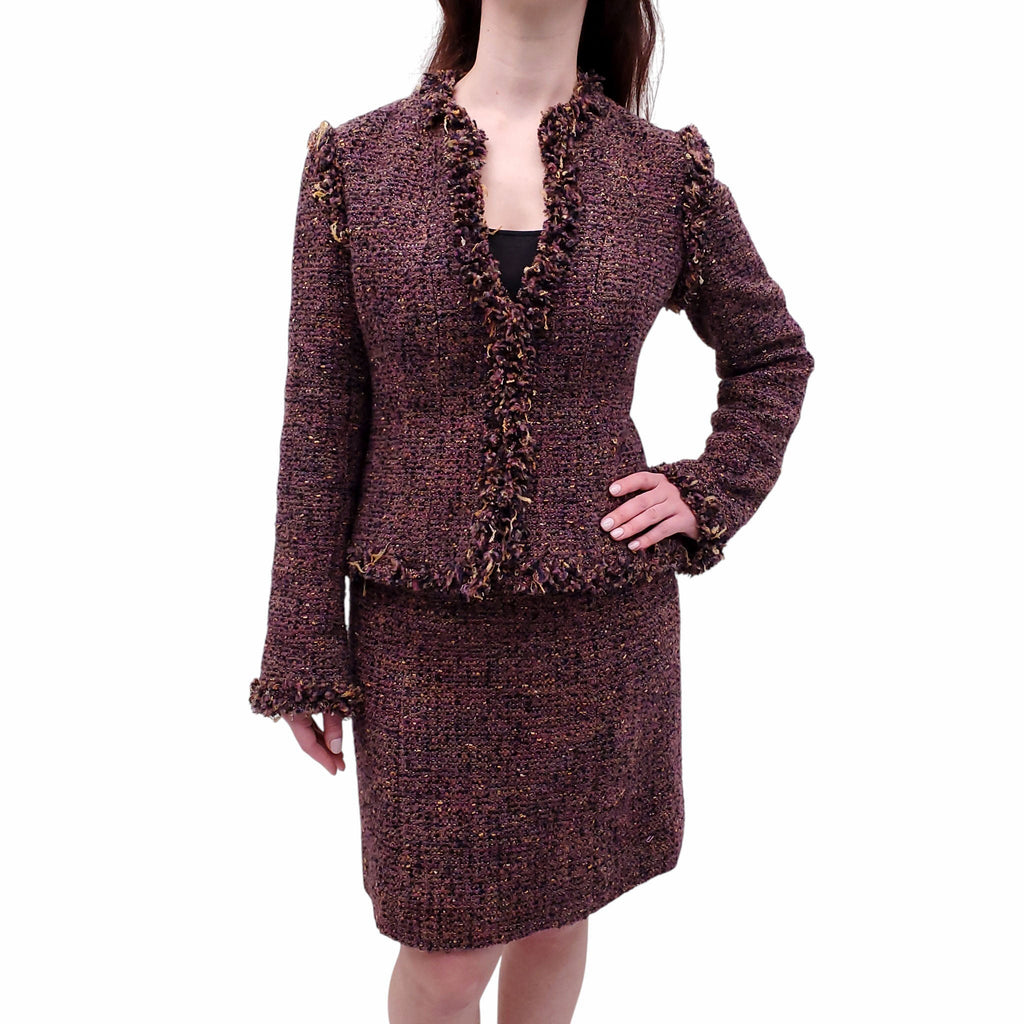 CHANEL F/W 2003 PURPLE TWEED SUIT WITH FRINGE DETAIL - SIZE 42