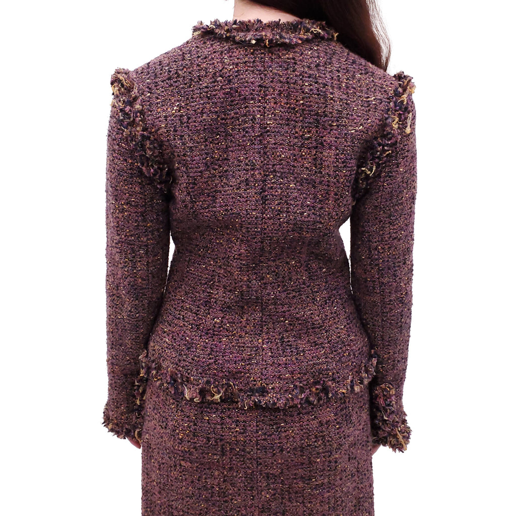 CHANEL F/W 2003 PURPLE TWEED SUIT WITH FRINGE DETAIL - SIZE 42