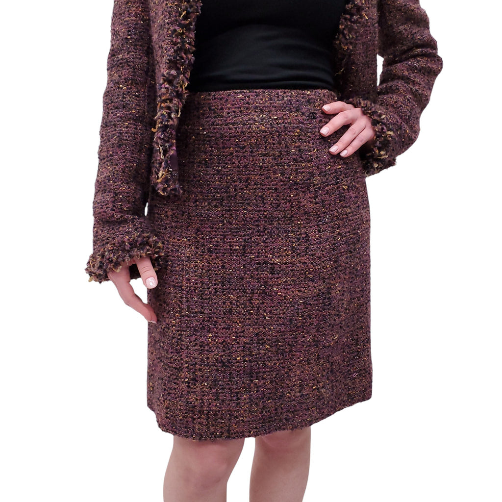 CHANEL F/W 2003 PURPLE TWEED SUIT WITH FRINGE DETAIL - SIZE 42