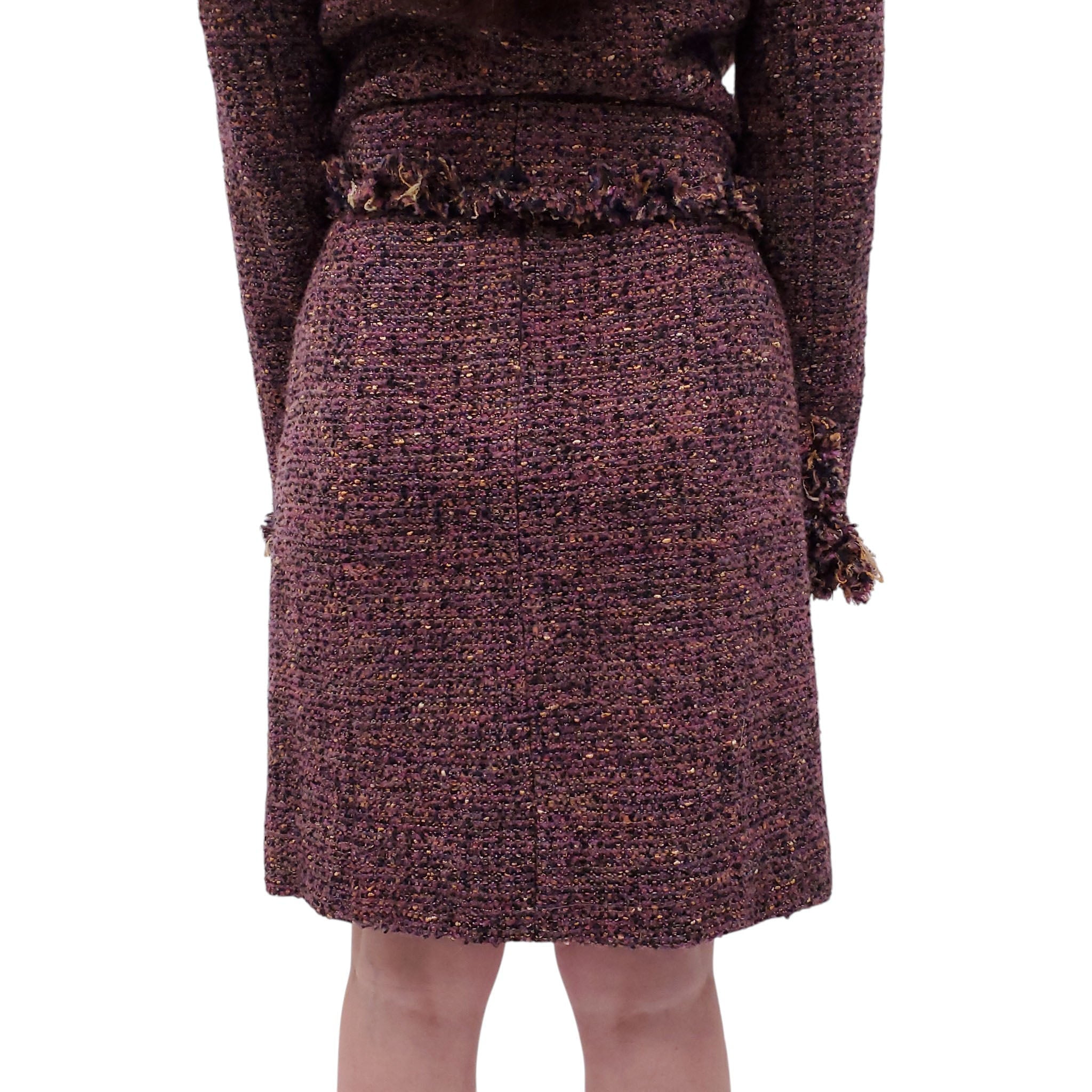 CHANEL F/W 2003 PURPLE TWEED SUIT WITH FRINGE DETAIL - SIZE 42