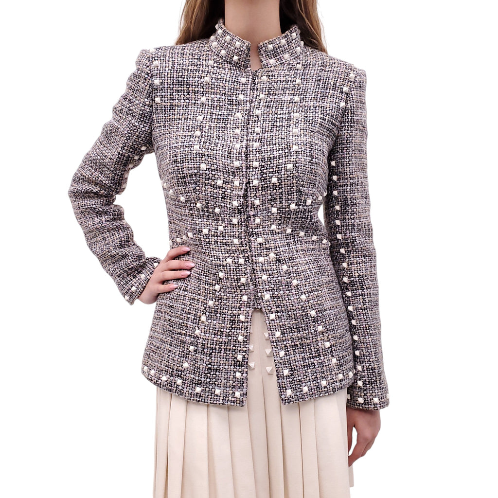 CHANEL 2003 GREY AND PURPLE TWEED STUDDED JACKET - SIZE 40
