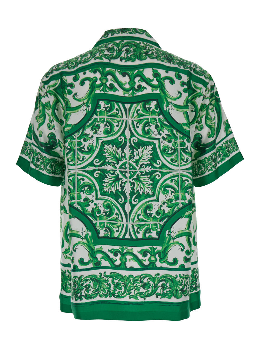Dolce & Gabbana Men 'Palermo' Green And White Bowling Shirt With Majolica Print In Silk Man