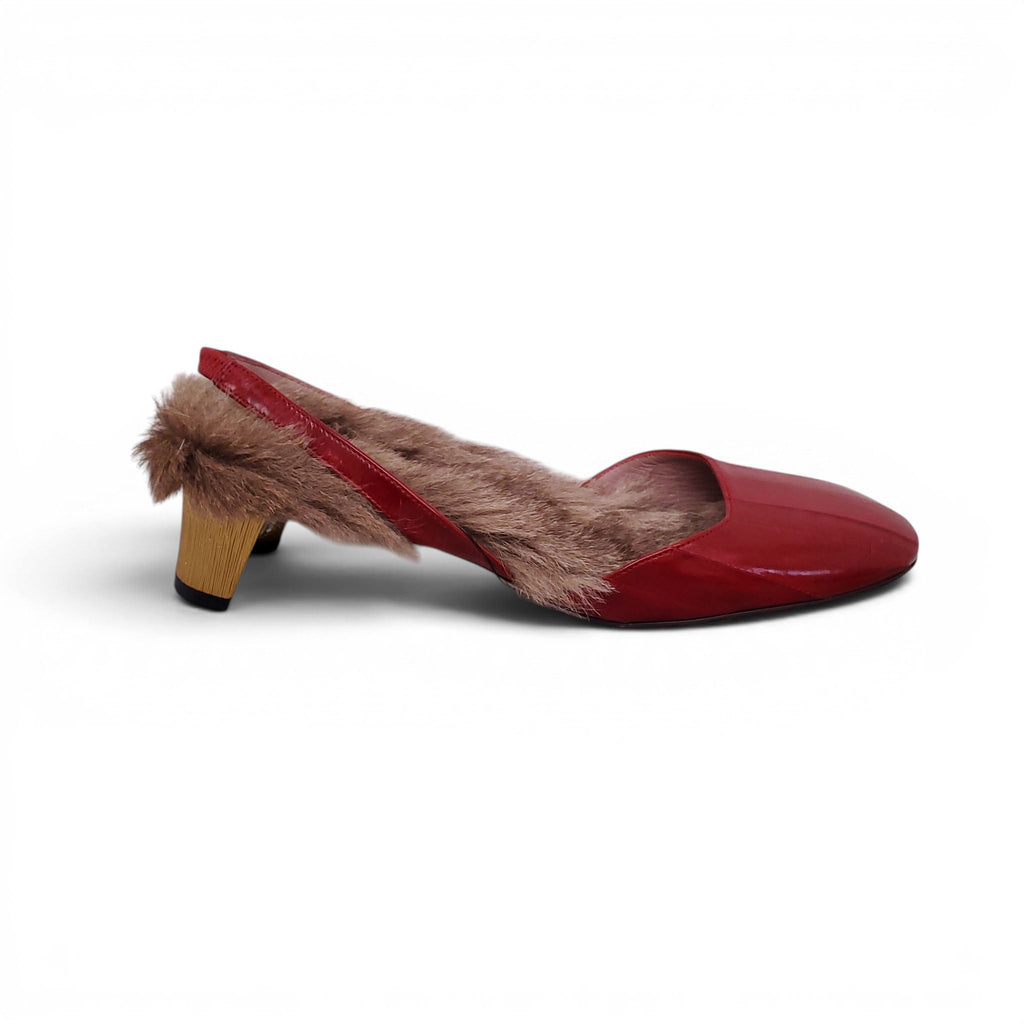 GUCCI RED LEATHER AND FUR SLING BACK KITTEN HEELS WITH CRYSTAL DETAIL - SIZE 37