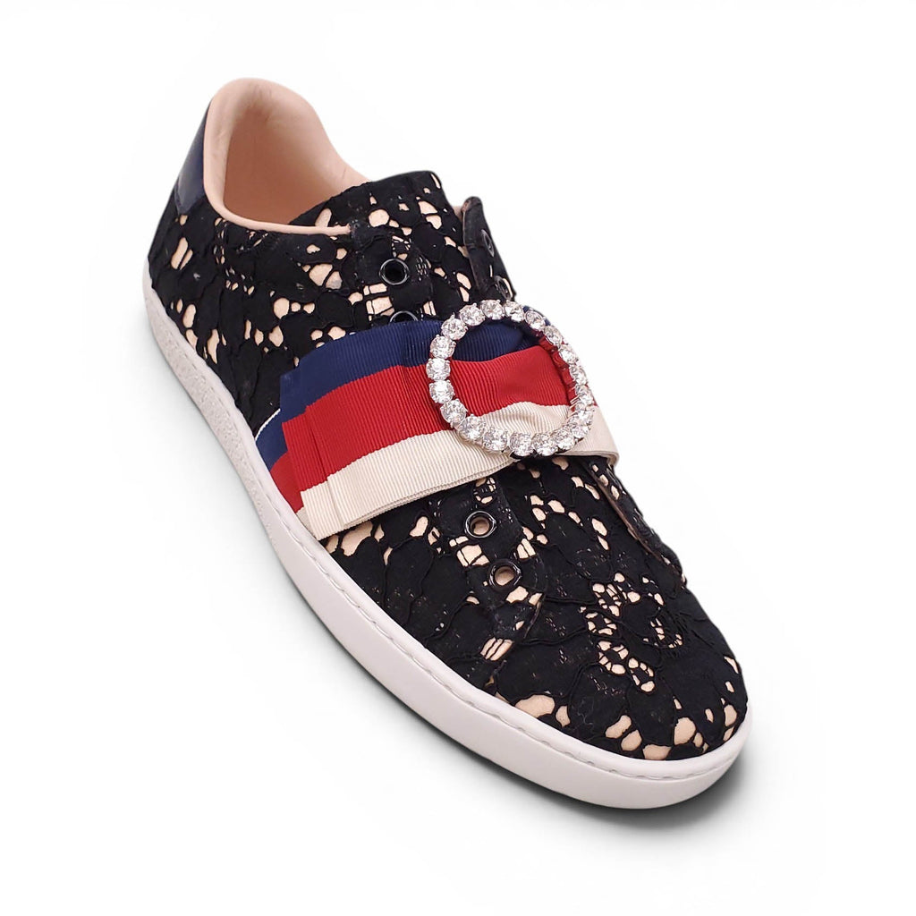 GUCCI LACE ACE SLIP ON SNEAKERS WITH CRYSTAL EMBLEM - SIZE 36.5