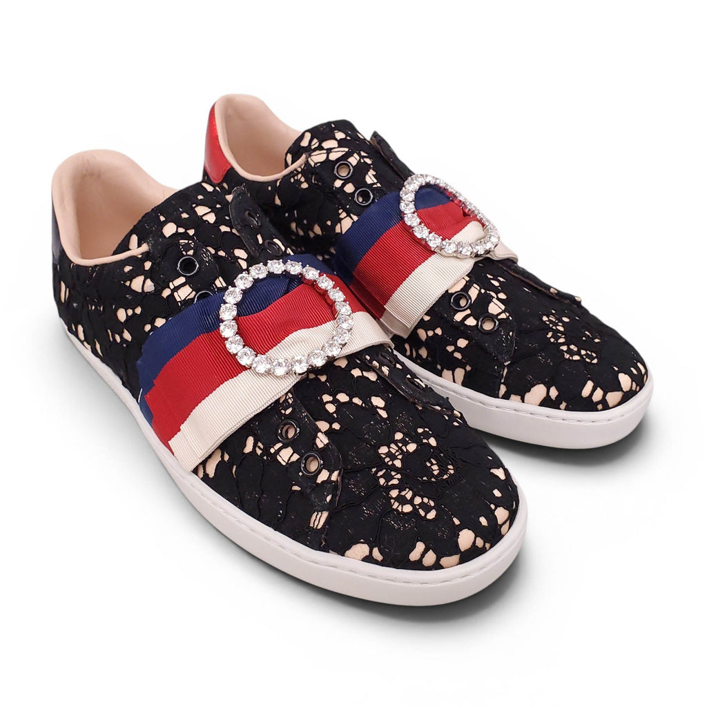 GUCCI LACE ACE SLIP ON SNEAKERS WITH CRYSTAL EMBLEM - SIZE 36.5