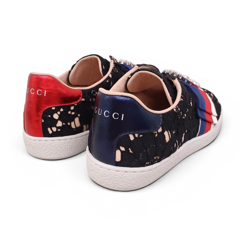 GUCCI LACE ACE SLIP ON SNEAKERS WITH CRYSTAL EMBLEM - SIZE 36.5