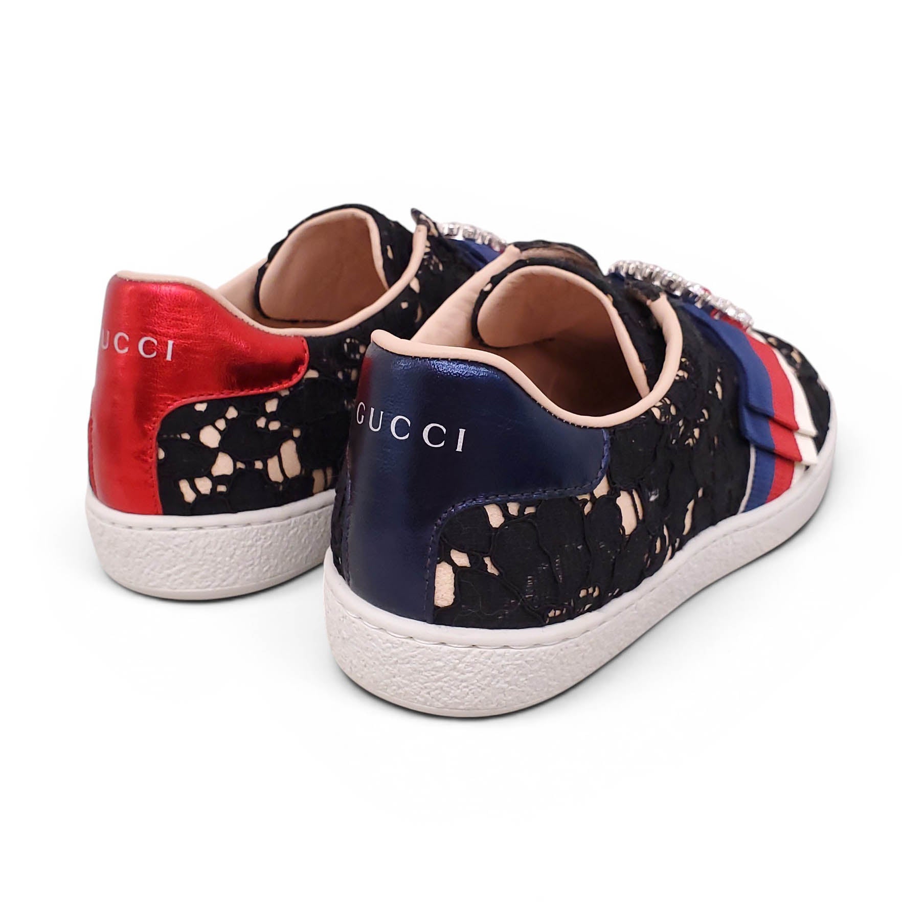 GUCCI LACE ACE SLIP ON SNEAKERS WITH CRYSTAL EMBLEM - SIZE 36.5