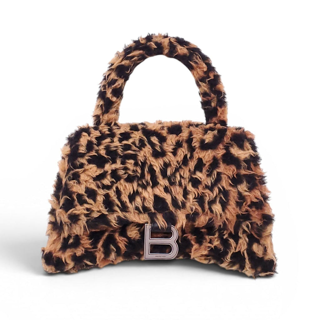 BALENCIAGA LEOPARD FAUX FUR HOURGLASS TOP HANDLE BAG