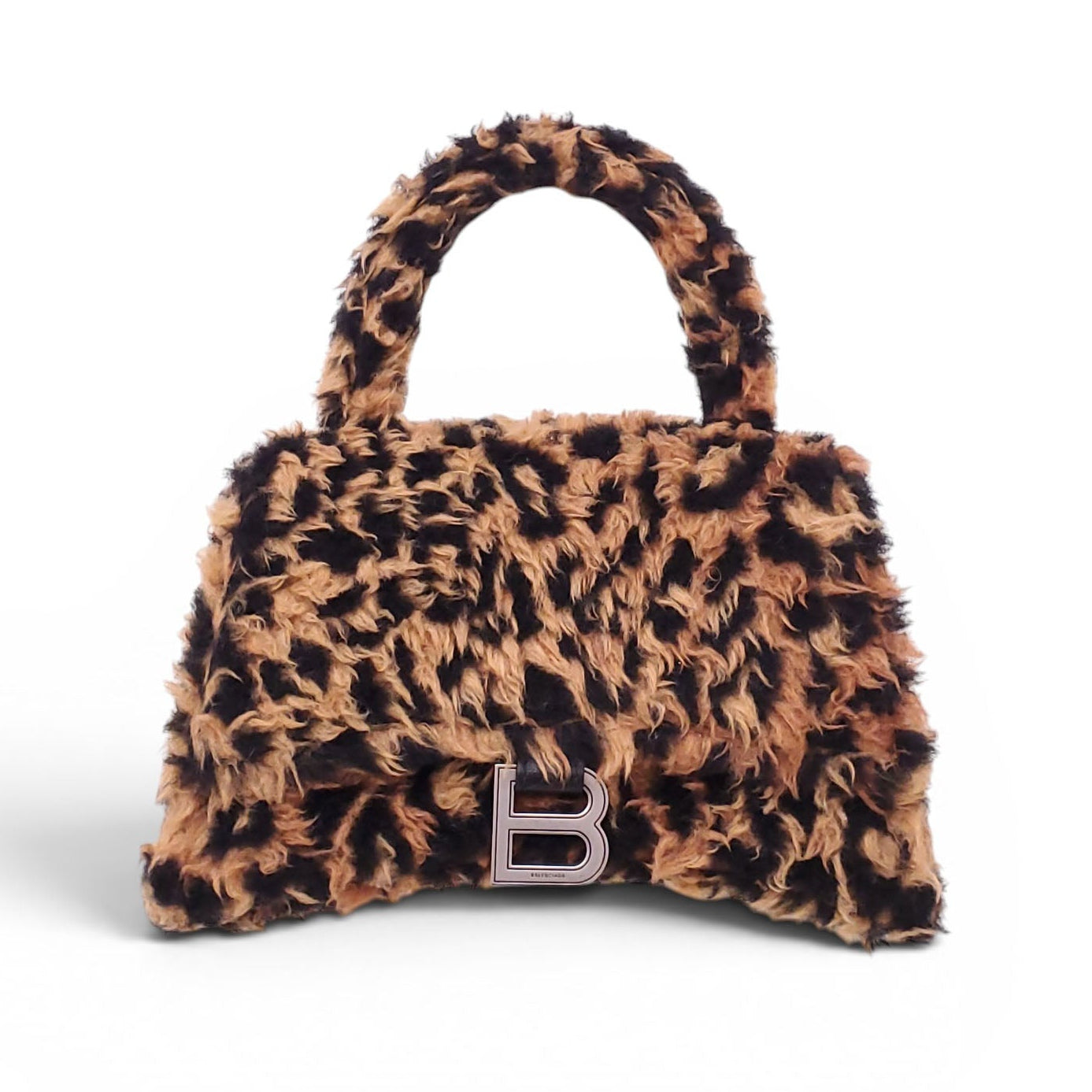BALENCIAGA LEOPARD FAUX FUR HOURGLASS TOP HANDLE BAG