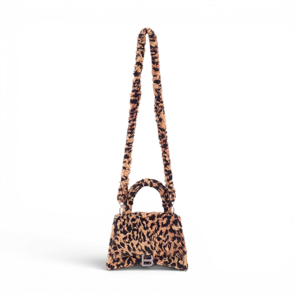 BALENCIAGA LEOPARD FAUX FUR HOURGLASS TOP HANDLE BAG